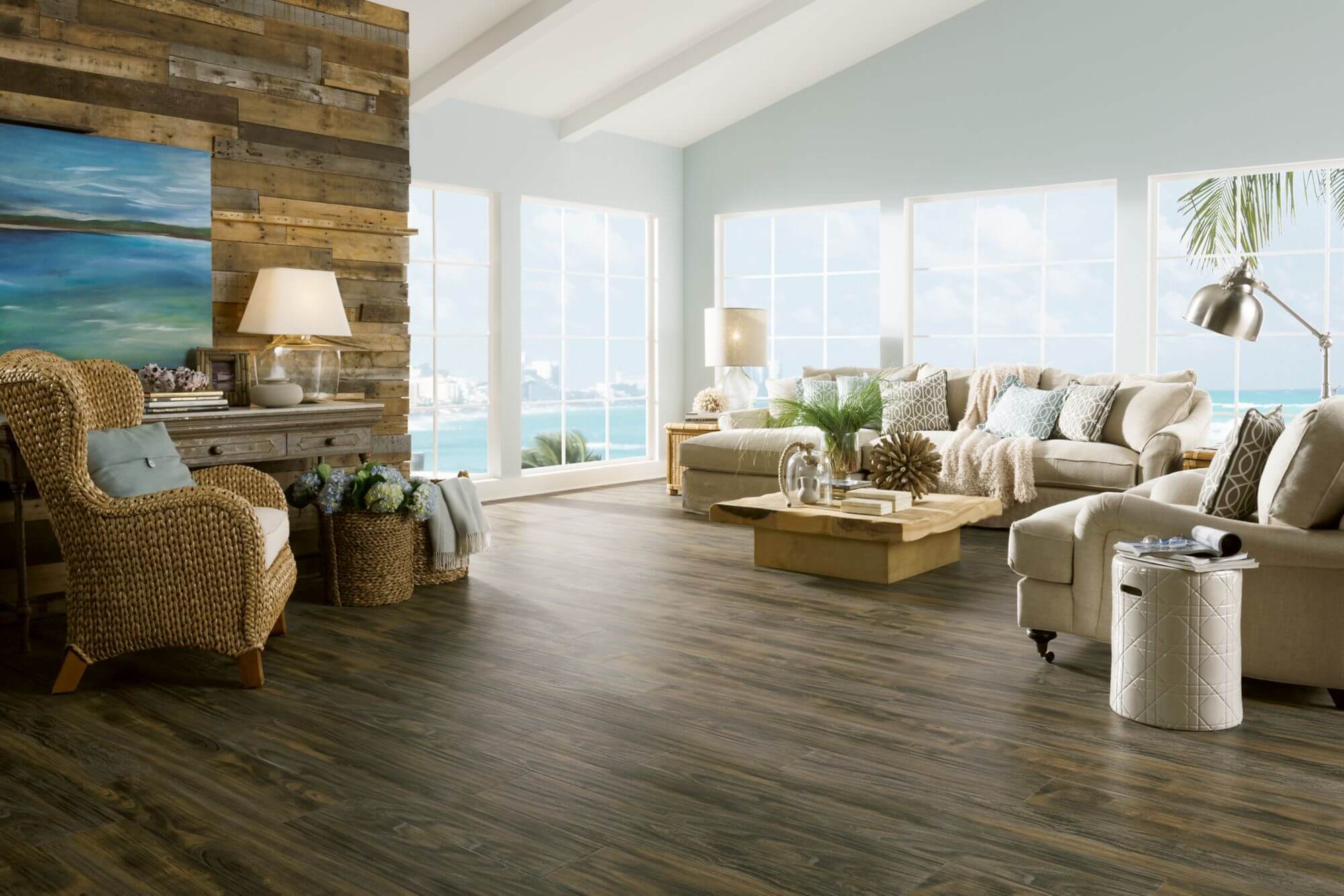 driftwood flooring in living room