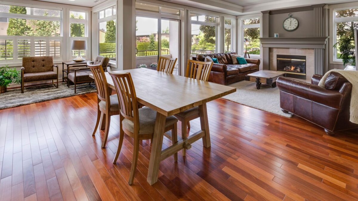 rectangular brown wooden table and chair set